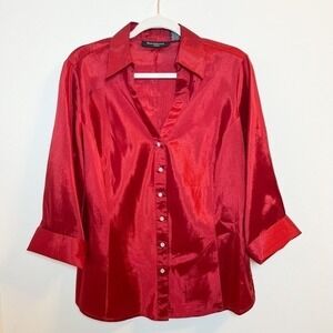 Blue Diamond Stretch Red Shiny‎ V-Neck 3/4 Sleeve Button Down Shirt Blouse Top L